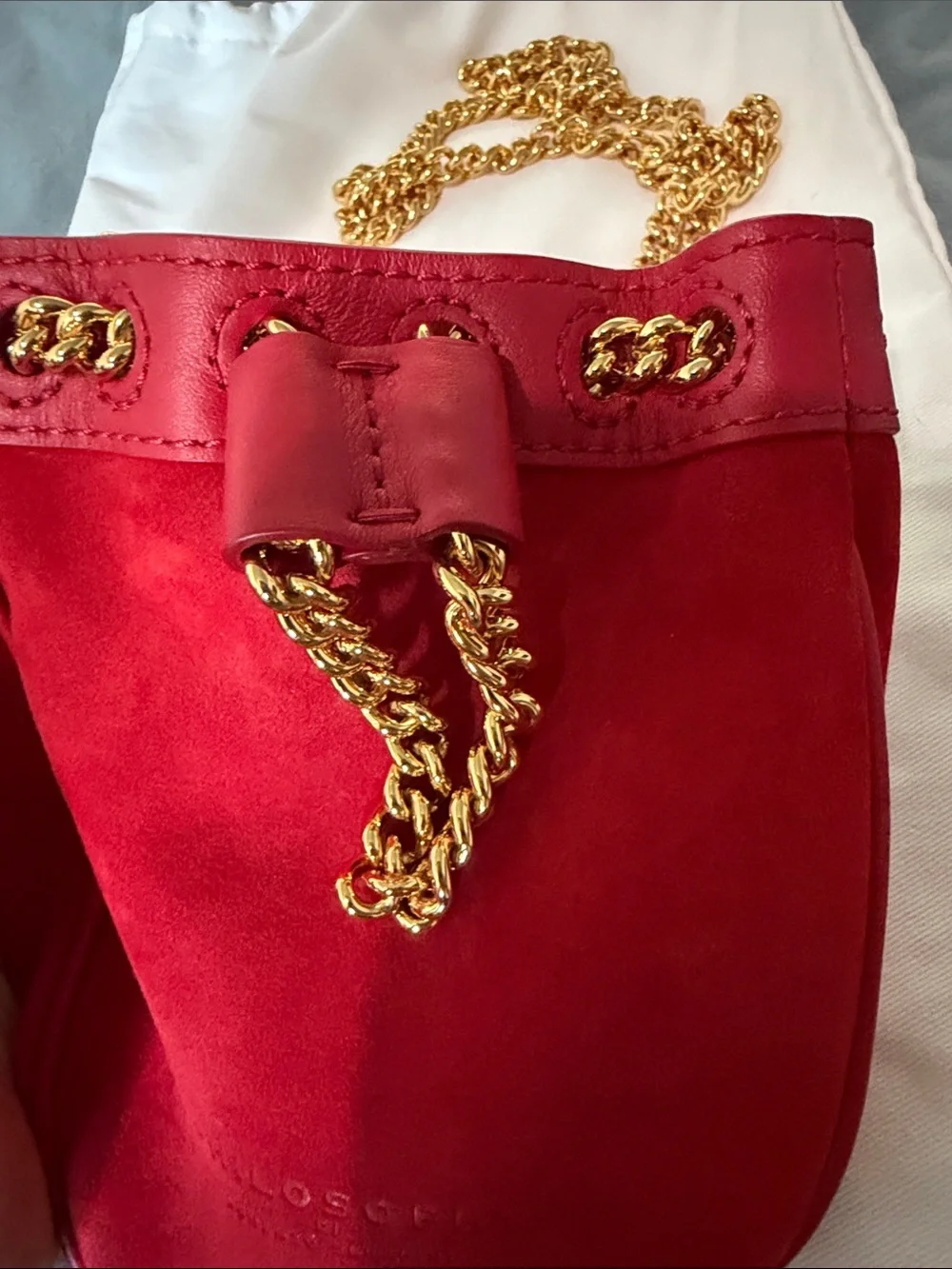 Philosophy di Lorenzo Serafini Red Suede Mini Bucket Bag w Gold Chain / Wristlet
